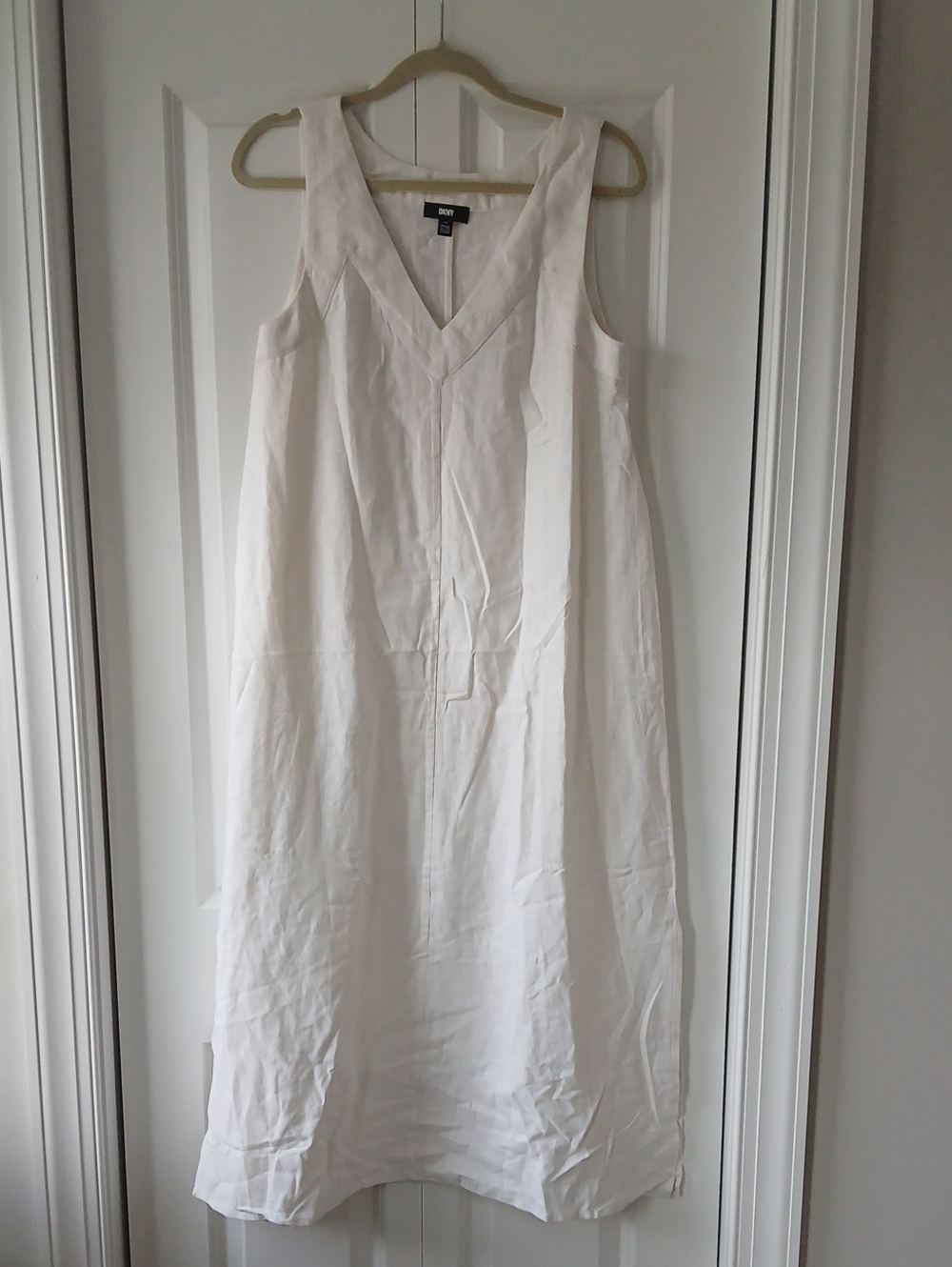 DKNY White Sleeveless V-Neck Linen-Blend Midi Dress Size Medium